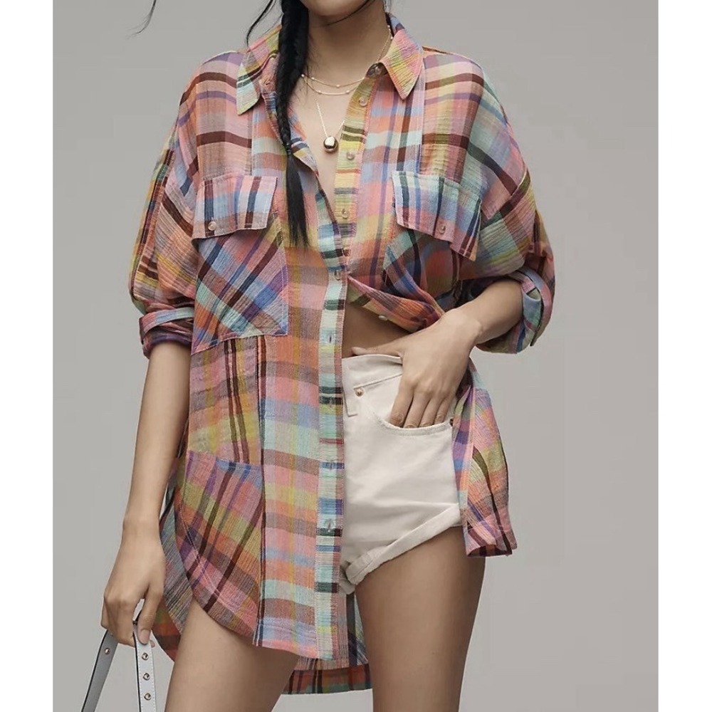 Pilcro Anthropologie Mixed Madras Plaid Oversized Button Down Shirt XXS XS $128
